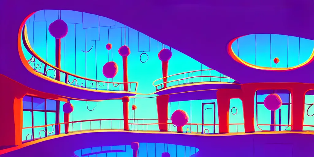 Image similar to minimalistic curly perspective digital art of indoor top floor of a casino with a balcony to the ground floor by anton fadeev from ( nightmare before christmas )!!!!!!!!!!