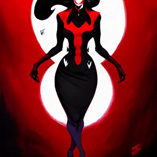 Image similar to rafael albuquerque comic art, peter mohrbacher, artgerm, pretty evil elizabeth olson demon, black and red dress, symmetrical eyes