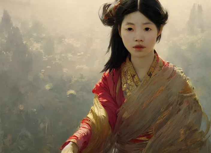 Image similar to top angle view, wide lens of asian girl wearing traditional as, beautiful concept painting by caravaggio, ruan jia, jakub rebelka, artgerm, greg rutkowski, edgar maxence