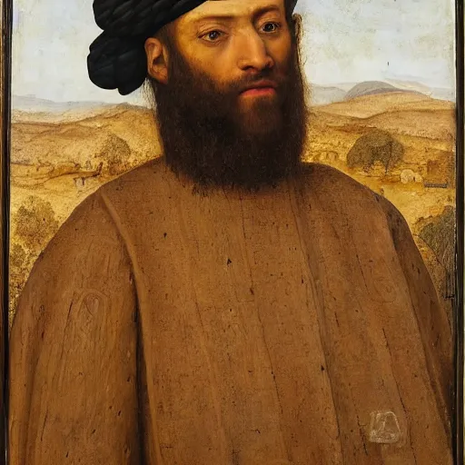 Prompt: portrait of bedouin man with rifle, beard, oil painting by jan van eyck, northern renaissance art, oil on canvas, wet - on - wet technique, realistic, expressive emotions, intricate textures, illusionistic detail,