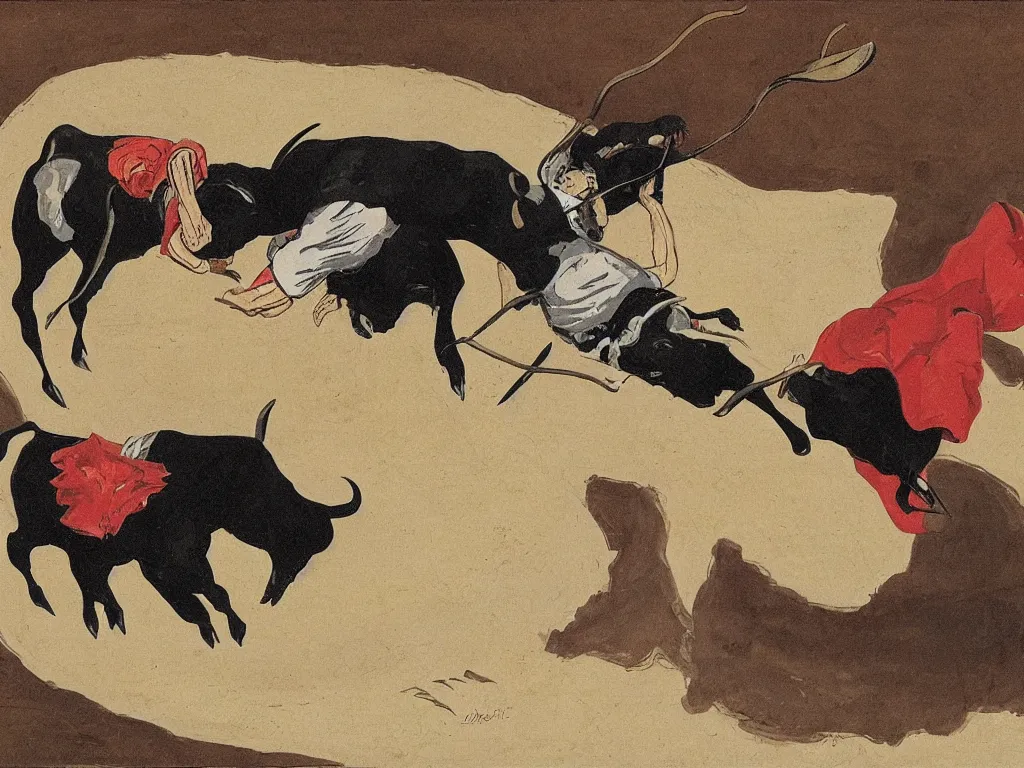 Prompt: matador challenging a bull in a ramen bowel filled with a desert, in style of Leonid Soifertis, soft stylised, monochromatic