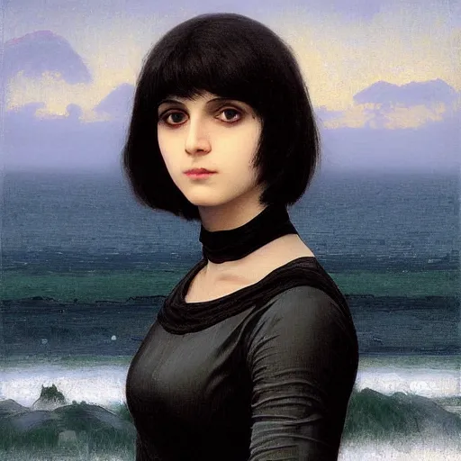 Image similar to 1 7 - year - old pale - skinned persian girl with black long bob cut, long bangs, black gothic jacket, black jeans, psychic girl, psychokinetic girl, standing on cliff along the irish coast, overcast gray skies, ultra - realistic, sharp details, subsurface scattering, intricate details, art by william - adolphe bouguereau