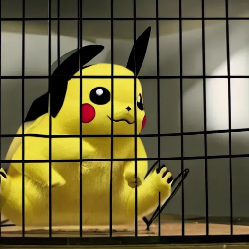 Image similar to stunning awe inspiring pikachu inside a cage with a sad look on its face, movie still 8 k hdr atmospheric lighting