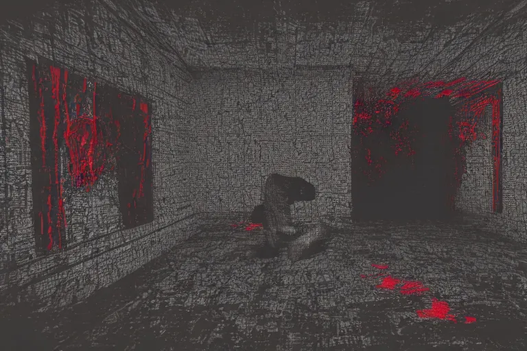 Image similar to cctv of an extremely dark empty room with evil horror humanoid cryptid monster made out of static, dark deep black shadows, crimson red and black color contrast in the style of trevor henderson and james ensor goya, liminal space, 3 d render, glitch effect