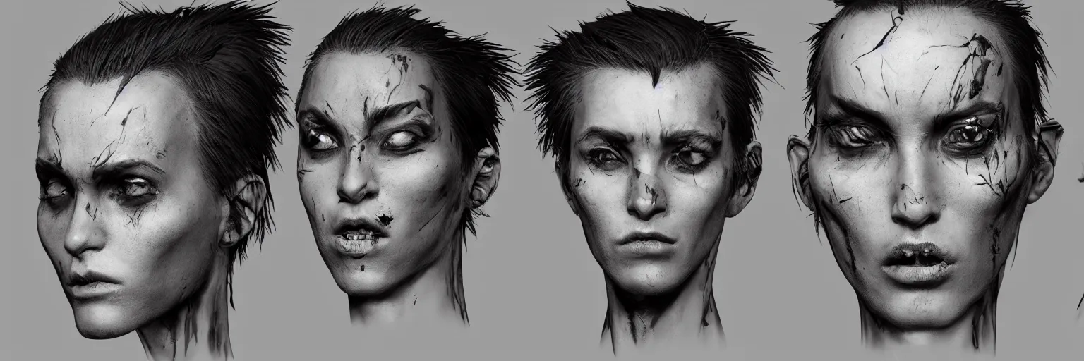 Image similar to character faces, realistic punk singer faces, rocker, aggressive, character sheet, fine details, concept design, contrast, kim jung gi, greg rutkowski and da vinci, trending on artstation, 8 k, emotional, face turnaround, front view, back view, side view, ultra wide angle