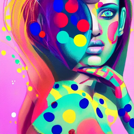 Prompt: beautiful face of girl in style spotty pointism without nose, super bright colors, colored spots, mixed liquid acrylic, painting come to life, artstation, ultradetail