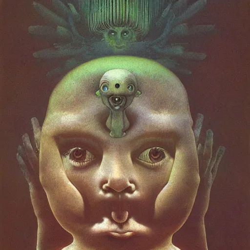 Prompt: cherub with four faces in one, by zdzislaw beksinski