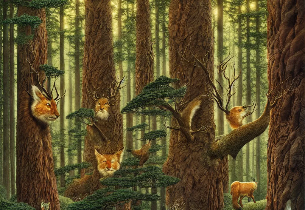 Image similar to bev doolittle hidden animals on the landscape image, bev doolittle high trees, enchanted forest ( hidden animals ) drawing elegant, highly detailed, digital painting, artstation, concept art, matte, sharp focus, illustration, hearthstone, art paolo gheri