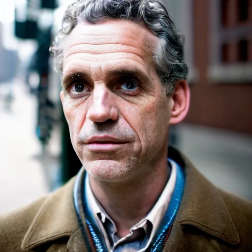 Image similar to closeup portrait of a Jordan Peterson , new york back street , by Steve McCurry and David Lazar, natural light, detailed face, CANON Eos C300, ƒ1.8, 35mm, 8K, medium-format print