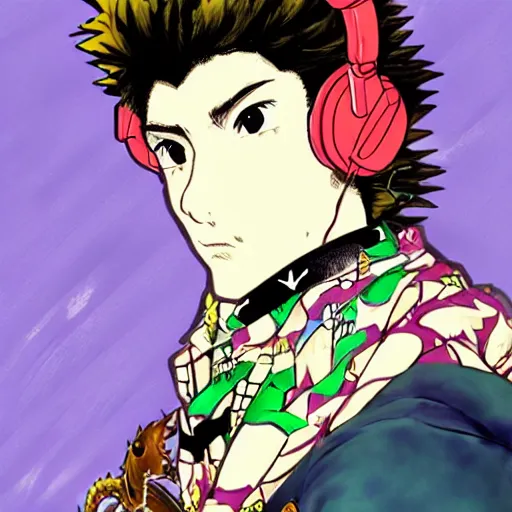 Prompt: portrait of a swaggy man listening to music with a dragon on his shoulder, Hirohiko Araki style