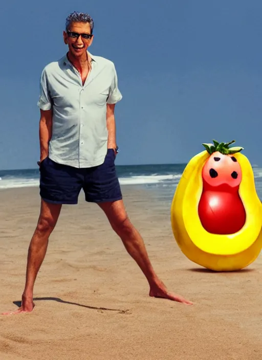 Image similar to jeff goldblum as a banana tomato on the sand of a beach