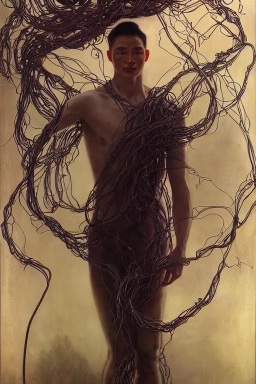 Prompt: hyperrealist portrait of elijah zu bailey, it is decorated with long wires that fall like vines and wears small computers over their body. by jeremy mann and alphonse mucha, fantasy art, photo realistic, dynamic lighting, artstation, poster, volumetric lighting, very detailed faces, 4 k, award winning, hands on hip