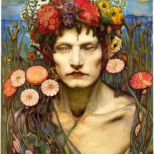 Prompt: the flower prince wearing the bone crown, by Annie Swynnerton and Diego Rivera and Elihu Vedder, symbolist, dramatic lighting, elaborate geometric ornament, Art Brut, soft cool colors,smooth, sharp focus, extremely detailed, Adolf Wölfli and Evelyn De Morgan