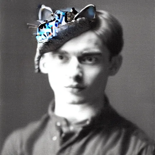 Image similar to a young man with a cat sitting on top of his head