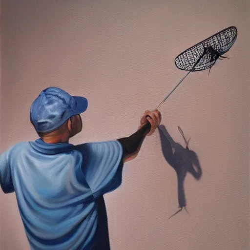 Prompt: hyperrealism painting from the housefly perspective getting swatted at from a man with a fly swatter