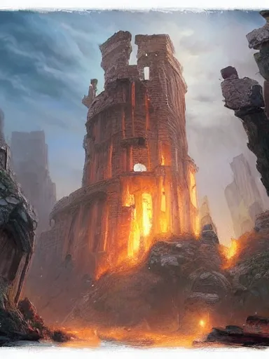 Prompt: ruins of a crumbling giant tower. falling pieces of concrete. burning. elegant, highly detailed, digital painting, artstation, concept art, sharp focus, illustration, by justin gerard and artgerm, 8 k