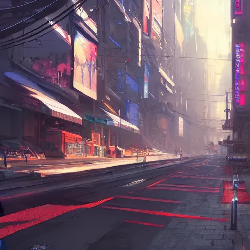 Image similar to A ultra detailed beautiful painting of a cyberpunk city street, oil panting, high resolution 4K, by Ilya Kuvshinov, Greg Rutkowski and Makoto Shinkai