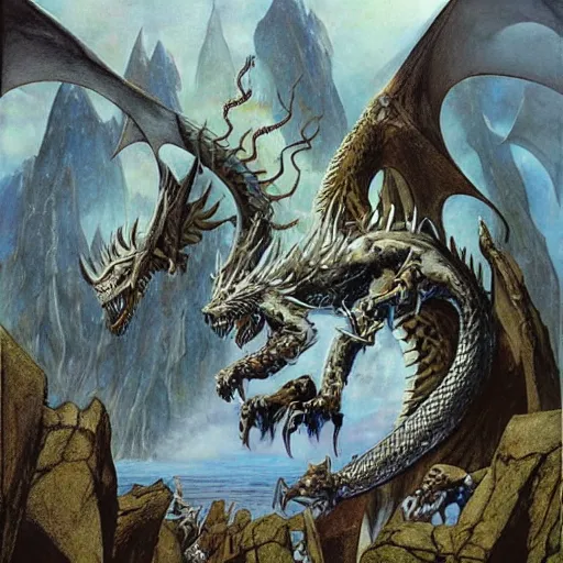 Image similar to a white dragon attacking a group of 5 adventures, dungeons and dragons, digital art, by John Howe and Alan Lee and Larry Elmore