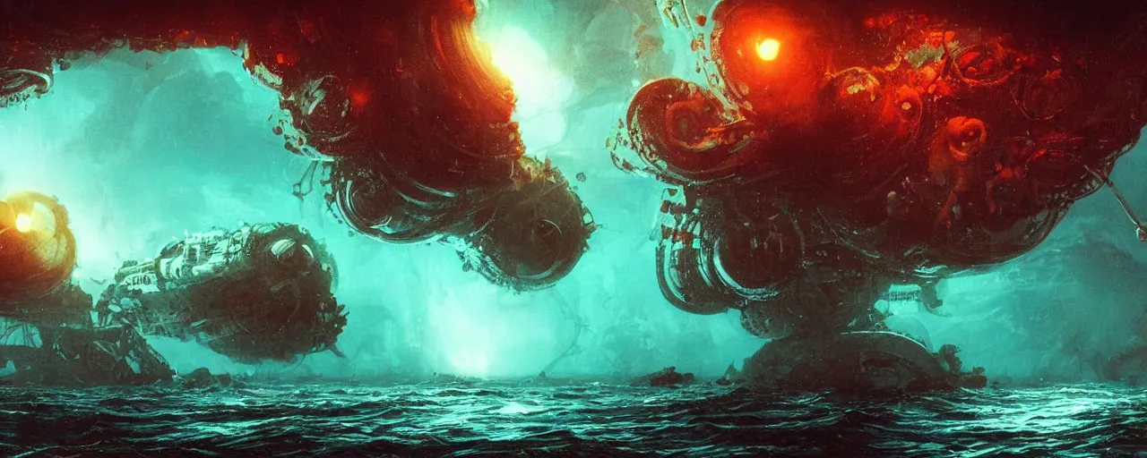 Image similar to ” underwater otherwordly landscape, [ deepsea, cinematic, detailed, epic, widescreen, opening, establishing, mattepainting, photorealistic, realistic textures, octane render, art by slop and paul lehr ] ”