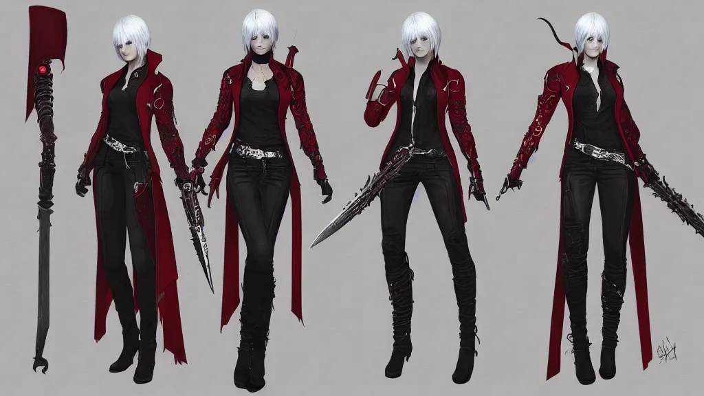 Image similar to devil may cry Dante's daughter character design sheet, female, white and gold outfit, dual sword wielding, intricate, trending on artstation