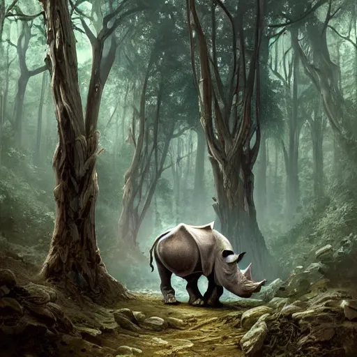 Prompt: a painting of a rhino and a skeleton in a forest, a detailed matte painting by marc simonetti, behance contest winner, fantasy art, matte painting, concept art, matte drawing. masterpiece