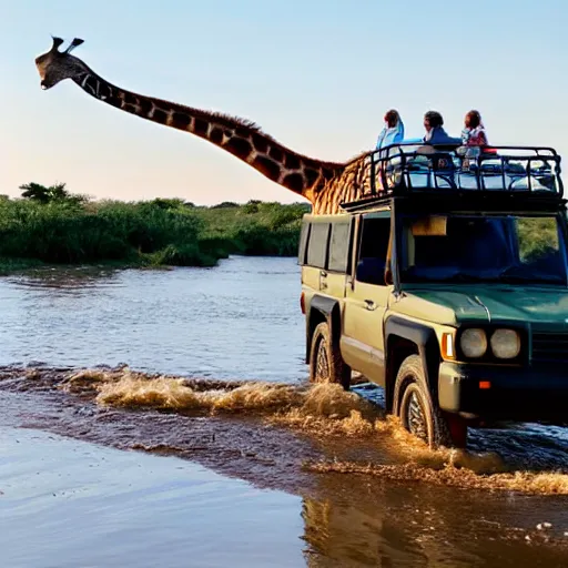 Prompt: a giraffe driving a safari car in south africa watching humans gathering in a giant river