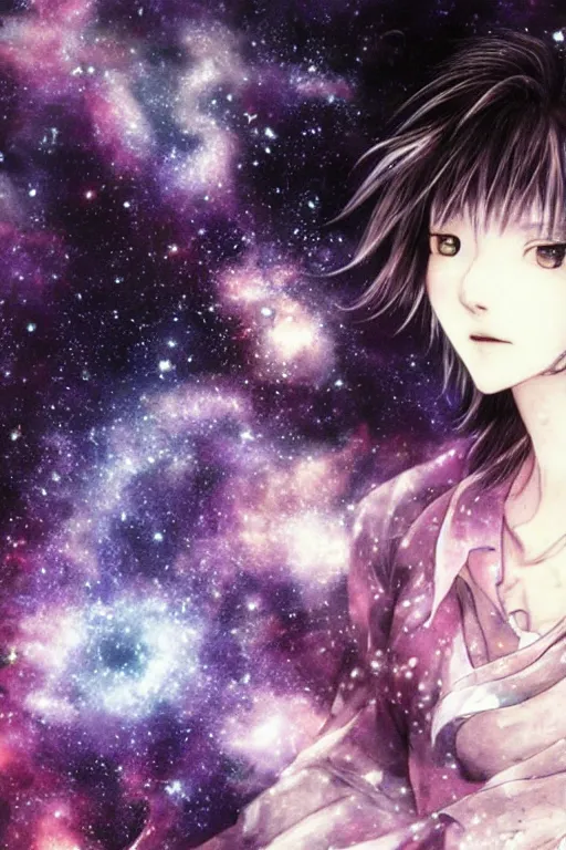 Image similar to yoshitaka amano, ethereal being woman in galaxy