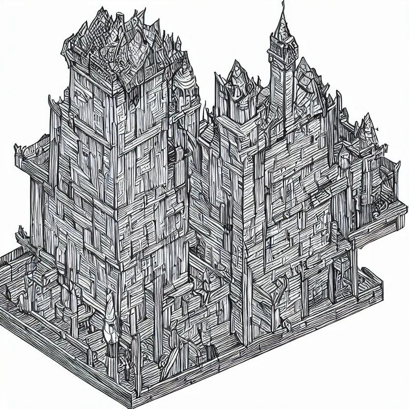 Prompt: isometric view of a wizard's tower, lineart