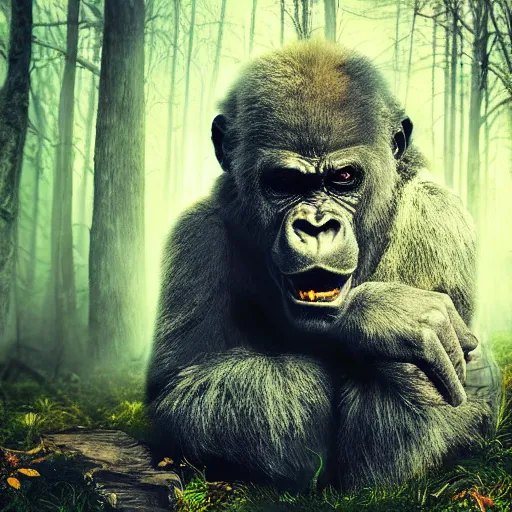 Image similar to demonic gorilla in magical forest, dark atmosphere, high detail, soft lighting