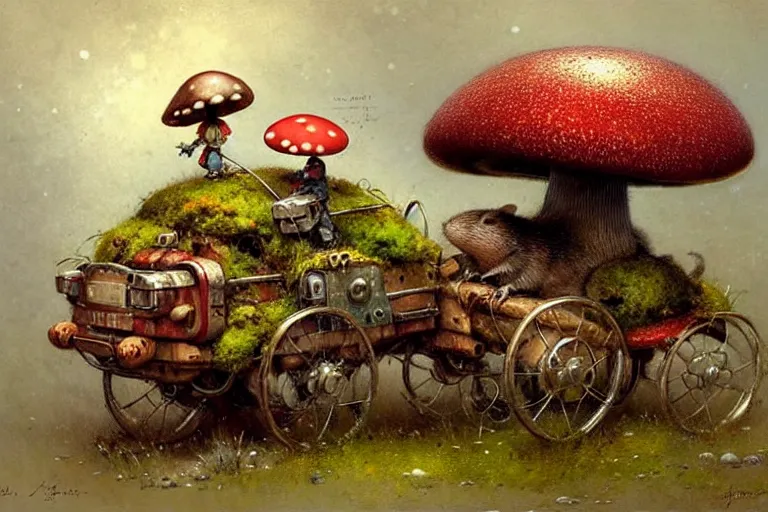Prompt: adventurer ( ( ( ( ( 1 9 5 0 s retro future robot android fat mouse house wagon mushrooms, flowers, moss. muted colors. ) ) ) ) ) by jean baptiste monge!!!!!!!!!!!!!!!!!!!!!!!!! chrome red