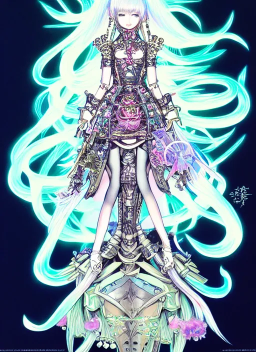 Image similar to highly detailed terada katsuya artgerm artstation final fantasy minaba hideo manga poster of princess mechine, long hair, armor, dress, laces, ruffles, 8 k, fluorescent, maximalist, jump comics, tomer hanuka