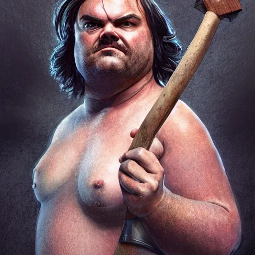 Prompt: hyperrealistic mixed media image of jack black in a bikini donning a mighty axe, stunning 3 d render inspired art by istvan sandorfi and greg rutkowski, perfect symmetry, realistic, highly detailed attributes and atmosphere, dim volumetric cinematic lighting, 8 k octane extremely hyper - detailed render, post - processing, masterpiece,