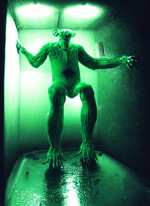 Prompt: a weird humanoid creature is suspended in a tank of dense liquid, weightlessness, tubes coming from the top of the tank connecting to the creature's body, back lit, blinding green glow creates a lens flare, 35 mm film photography