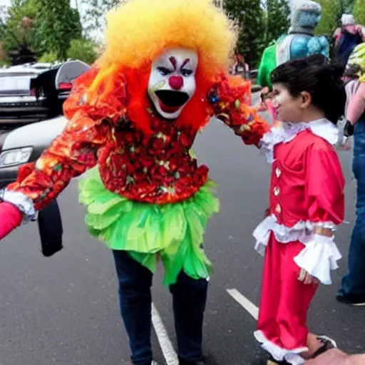 Prompt: a creepy clown push a kid, live amateur footage from a video facebook, cosplay parade