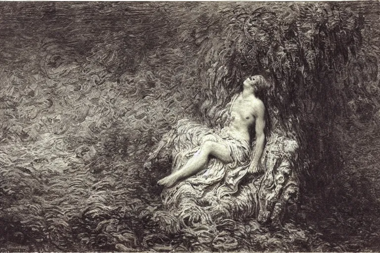 Image similar to fear in the hears of man by gustave dore by claude monet