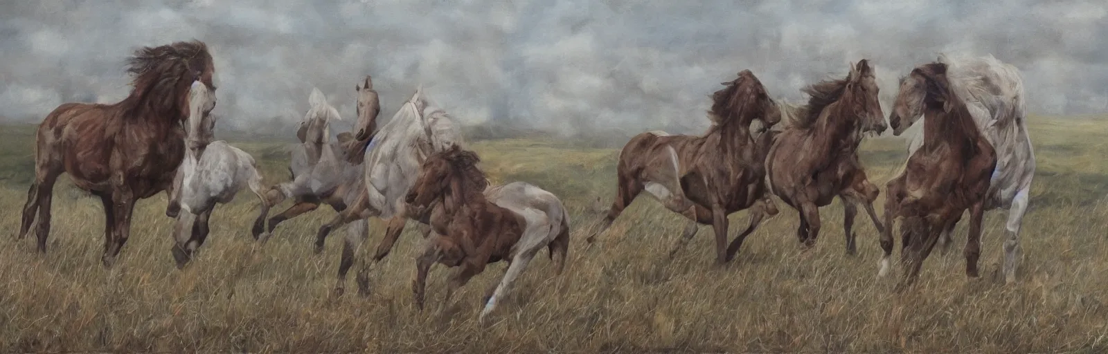 Image similar to lots of horses running through the field, hyper realistic, more details, they might be crawling, original oil on canvas painting by sydney mount