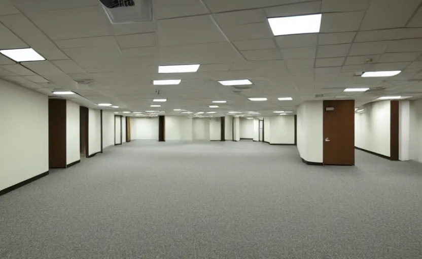 Image similar to 1 9 9 0 s empty rooms and a long corridor interior, office building, bright beige wallpaper, vhs style, suspended ceiling, bright fluorescent light, light brown moist carpet, scary