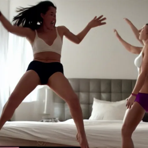 women jumping on giant bed wearing underwear