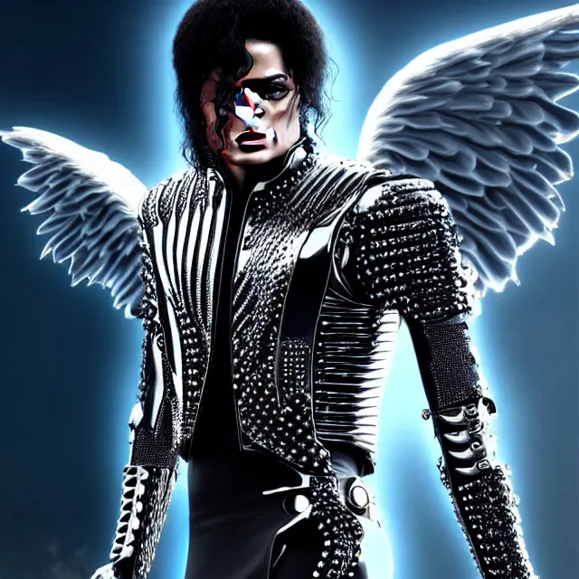 Image similar to beautiful!! futuristic cyberpunk michael jackson angel warrior with ornate slick pearl armor, highly detailed 8 k hdr smooth sharp focus high resolution award - winning photo photorealistic