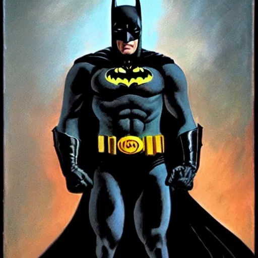 Image similar to an ultra - realistic painting of batman in the style of frank frazetta. 4 k. ultra - realistic. highly detailed. dark fantasy. epic lighting.