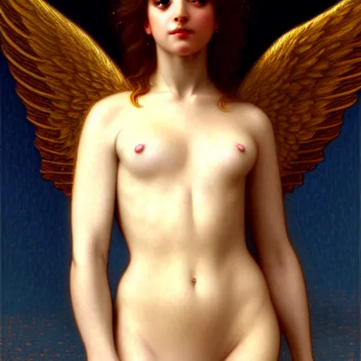 Image similar to Winged girl angel, face, fantasy, intricate, elegant, highly detailed, digital painting, artstation, concept art, smooth, sharp focus, illustration, art by John Collier and Jean-Leon Gerome and William Bouguereau and Albert Aublet
