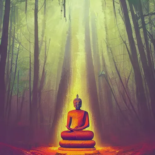 Prompt: a buddha statue sitting in the middle of a forest, cyberpunk art by Alena Aenami, trending on cgsociety, metaphysical painting, tesseract, mystical ::