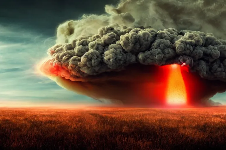 Image similar to nuclear explosion, mushroom cloud in the distance, shockwave rips across the land, cinematic