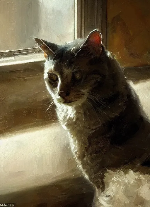 Image similar to a portrait of a cat inside a modern apartment, intricate oil painting, hyperdetailed, ethereal, cinematic, dramatic lighting, by jeremy mann and julius adam ii