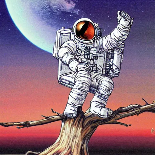 Image similar to Astronaut sitting on the tree, watching sunset, artwork by Ayami Kojima, deviantart contest winner,