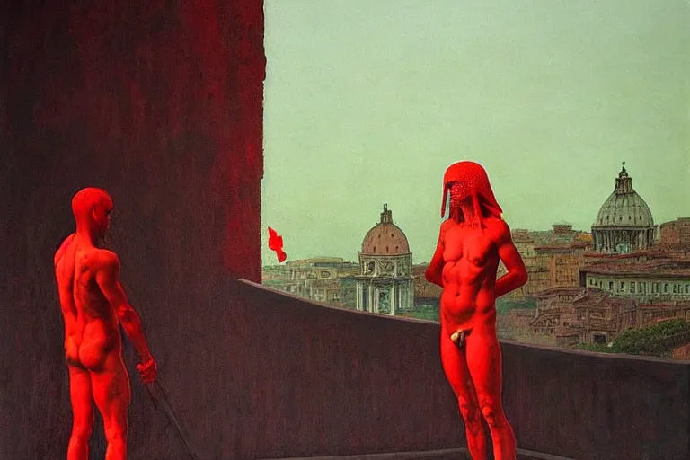 Image similar to only with red, caesar after war, a red tiger, in hoc signo vinces, rome in background, an ancient path, in the style of beksinski, part by hopper, part by rodcenko, part by hofbauer, intricate composition, red by caravaggio, insanely quality, highly detailed, masterpiece, red light, artstation