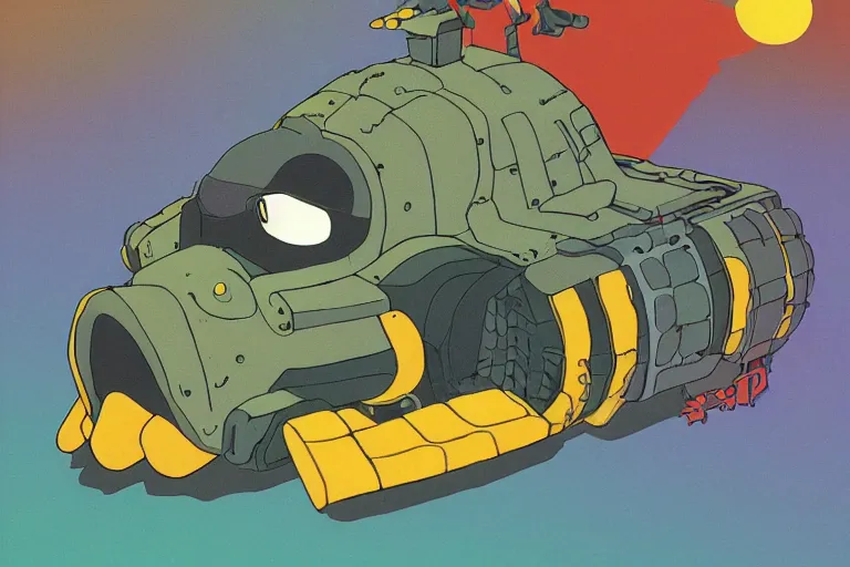 Image similar to illustration of a heavily armoured mechanical duck by studio ghibli, ominous, vivid colors, colorful