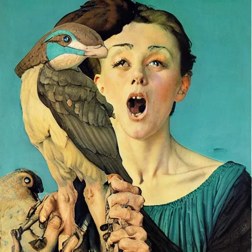 Image similar to mesozoic, teal gloomy by norman rockwell, by zinaida serebriakova. a installation art of a man, with an animal skull for a head, & a large bird perched on his shoulder. the man is looking up at the bird with a fierce expression, & the bird is looking back at him with an equally intense gaze.