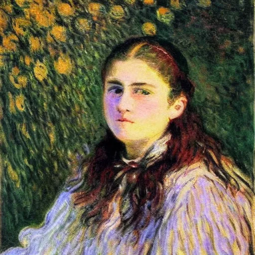 Prompt: 19th century portrait by Claude Monet!!!! of a young woman!!, looking at us!!, sunlight! oil painting-H 768