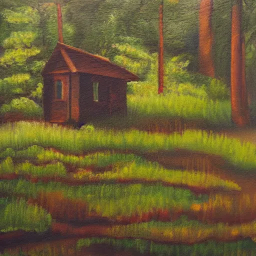 Prompt: oil painting of a small house in the middle of a forest